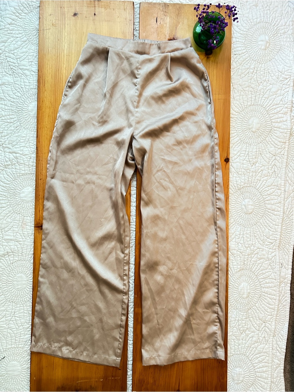 Classic Wide-Leg Tan satin Trousers